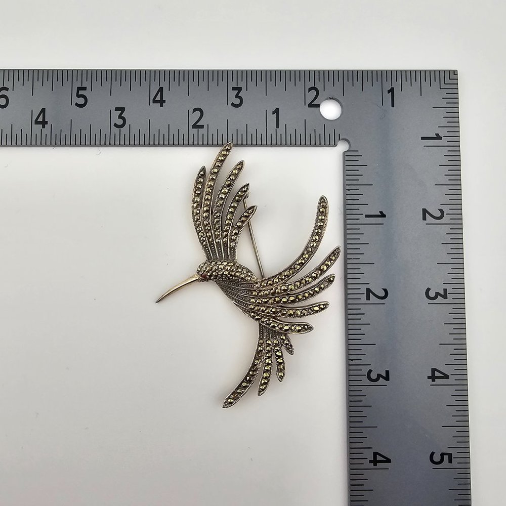 Vintage 925 Sterling Silver Marcasite Hummingbird Brooch Pin - Picture 2 of 13